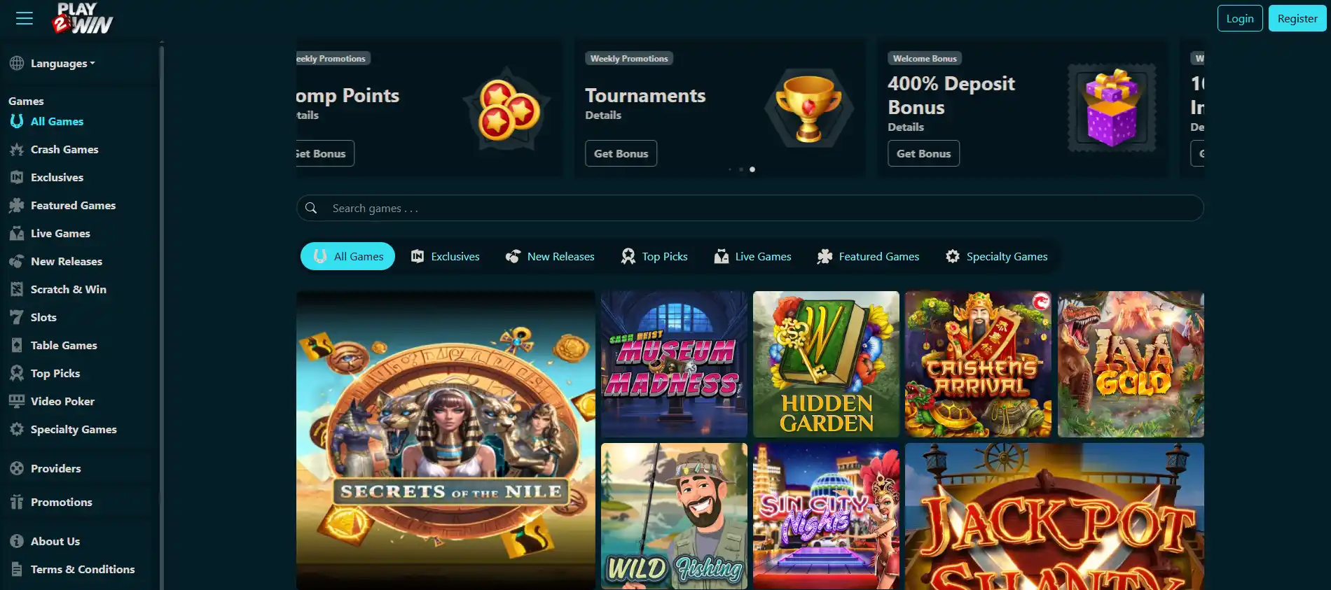 Current Play 2 Win casino homepage interface