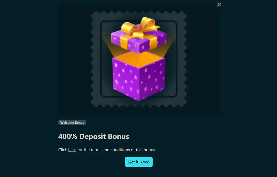 Play 2 Win official 400 percent first-deposit promotion panel