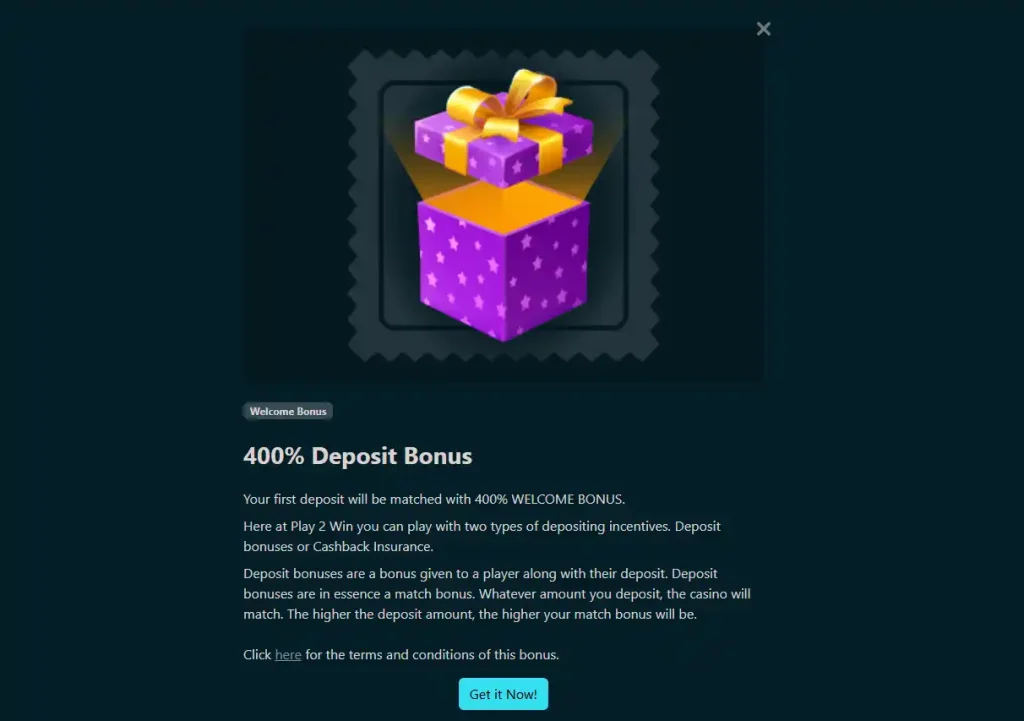 Official Play 2 Win page showing the 400 percent first-deposit welcome bonus