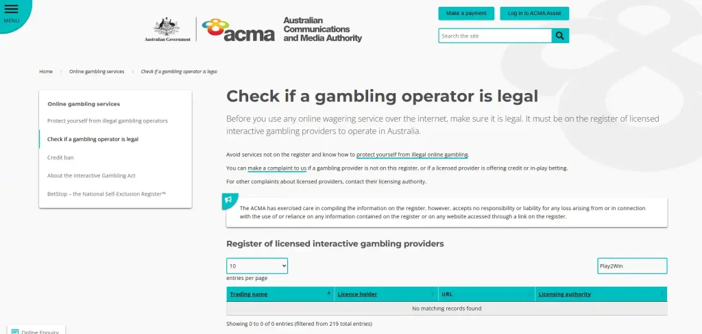 ACMA register of licensed interactive gambling providers with Play2Win and Cyberrock search context