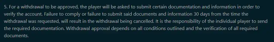 Play 2 Win Terms paragraph describing verification documents that can be requested