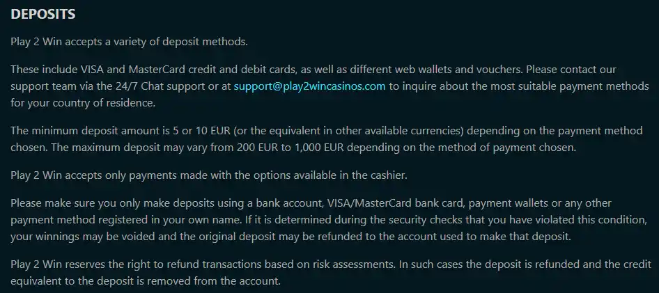 Official Play 2 Win Terms showing AUD credits and payment-related clauses