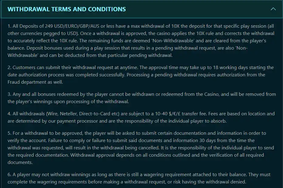 Play 2 Win official Terms showing a material withdrawal or dormant-account clause