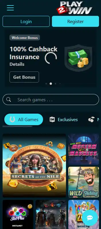 Play 2 Win official website displayed in a mobile browser viewport