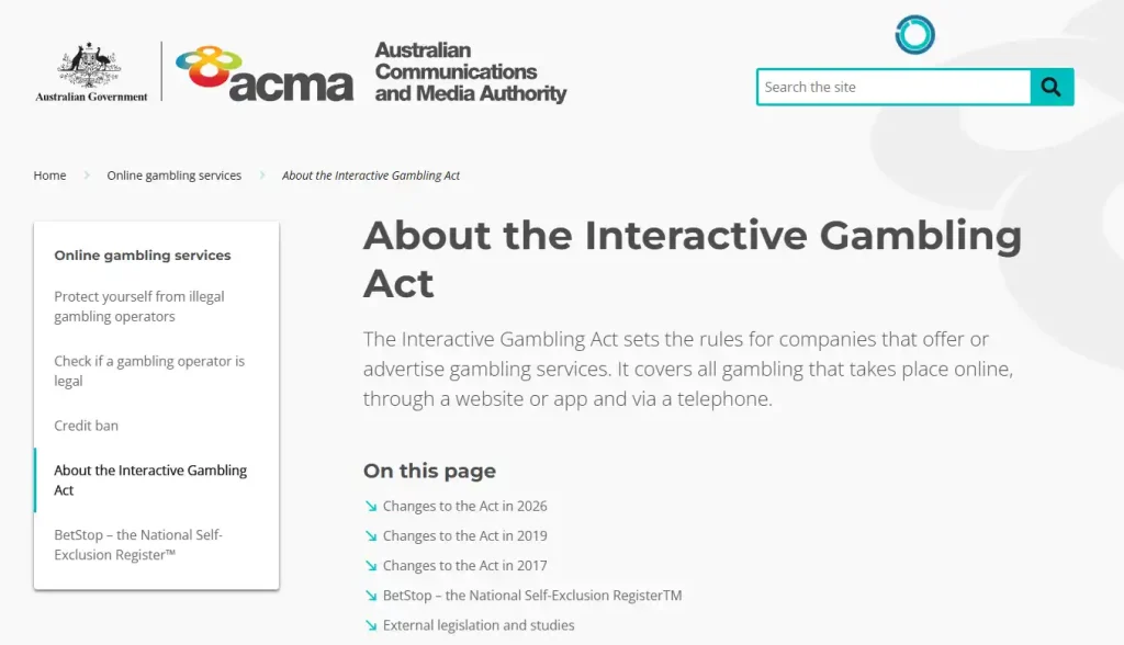 Current ACMA Interactive Gambling Act page showing banned online casino services and the 2026 reform section