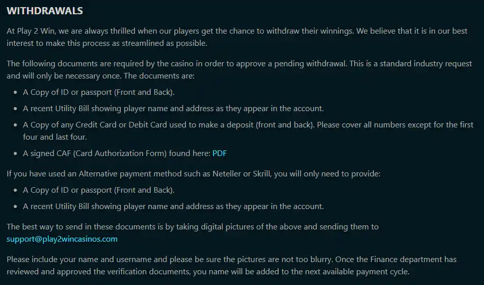 Official Play 2 Win withdrawal terms showing limits, the 10x rule and approval timing