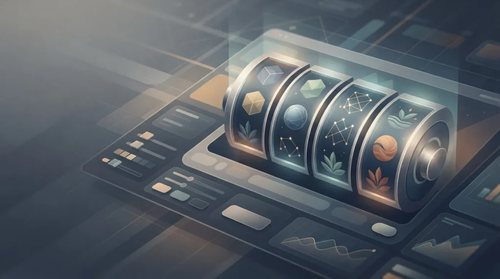 Editorial illustration of generic modern pokie reels without brand or game artwork